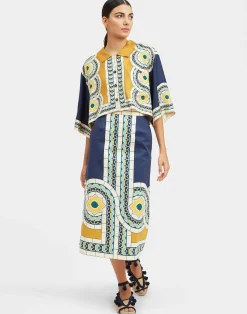 La DoubleJ Gonne<Baia SkirtMudejar Placée Blue in Flat Cotton Stretch