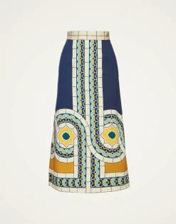 La DoubleJ Gonne<Baia SkirtMudejar Plac&eacute;e Blue in Flat Cotton Stretch