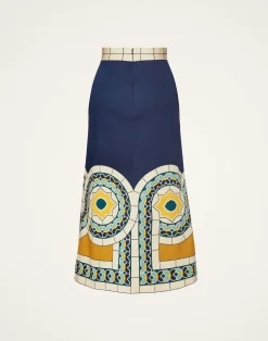 La DoubleJ Gonne<Baia SkirtMudejar Plac&eacute;e Blue in Flat Cotton Stretch