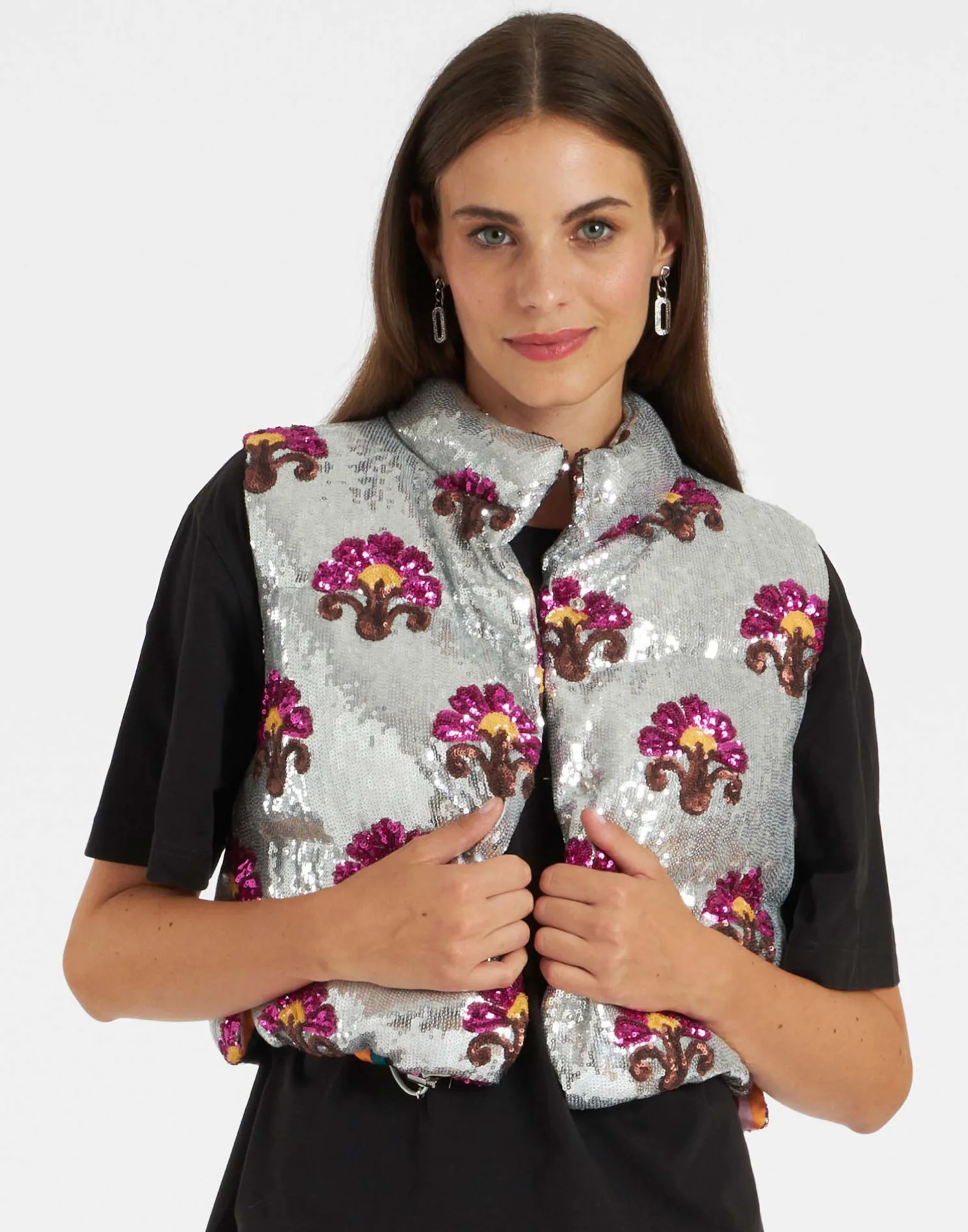 La DoubleJ Capispalla<Bonbon Puffer VestSilver in Textured Sequins