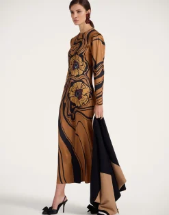 La DoubleJ Vestiti<Clingy SwingBig Blooms Placée Brown in Stretch Satin
