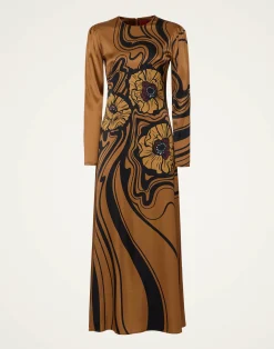 La DoubleJ Vestiti<Clingy SwingBig Blooms Placée Brown in Stretch Satin