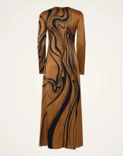 La DoubleJ Vestiti<Clingy SwingBig Blooms Placée Brown in Stretch Satin