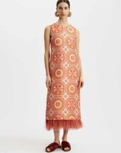La DoubleJ Vestiti<Column DressSun Orange in Jacquard With Feathers