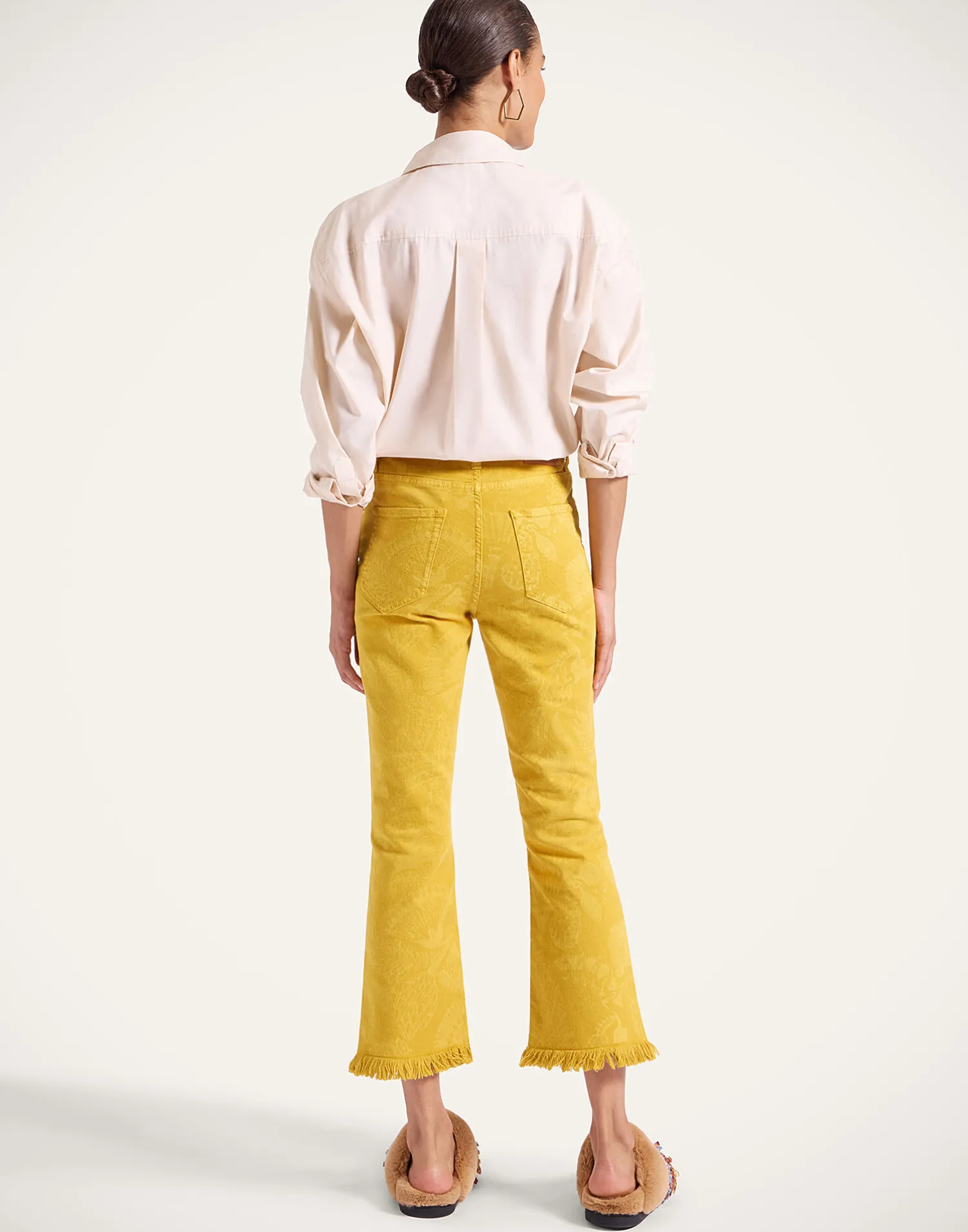 La DoubleJ Denim|Pantaloni E Shorts<Fancy Crop JeansSicomore Yellow in Laser-Printed Denim With Fringe