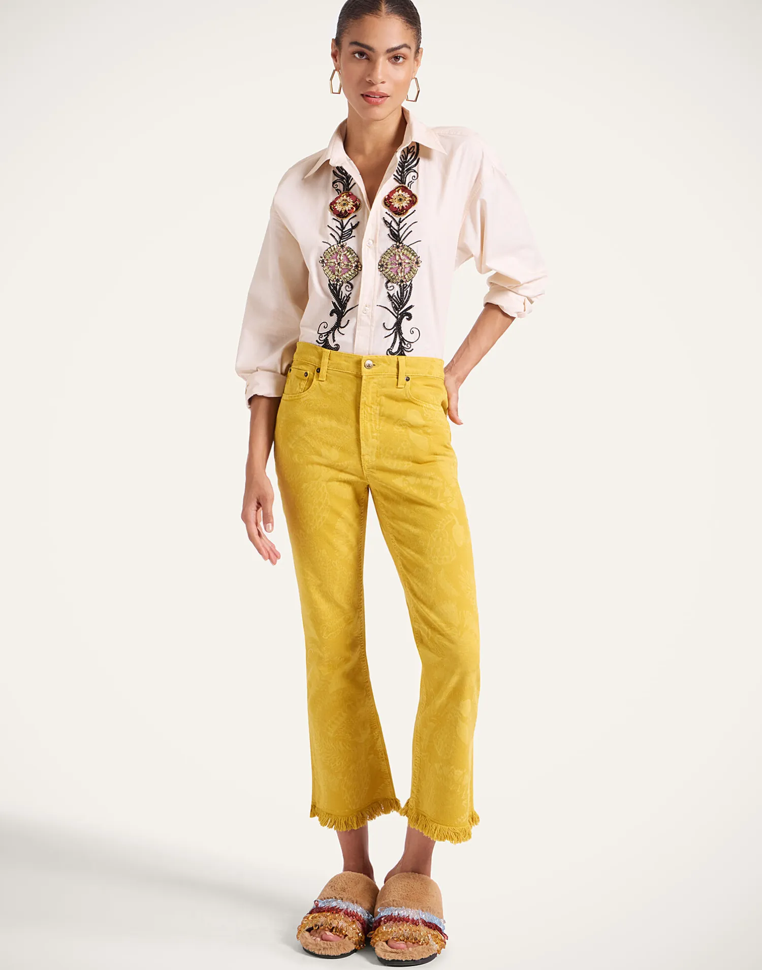 La DoubleJ Denim|Pantaloni E Shorts<Fancy Crop JeansSicomore Yellow in Laser-Printed Denim With Fringe