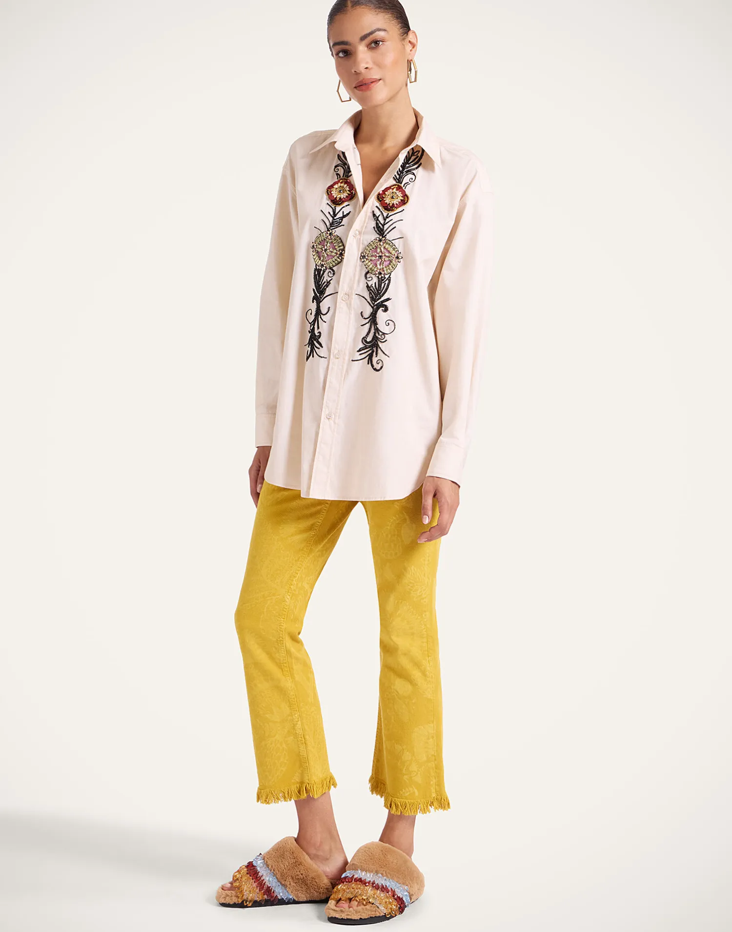La DoubleJ Denim|Pantaloni E Shorts<Fancy Crop JeansSicomore Yellow in Laser-Printed Denim With Fringe