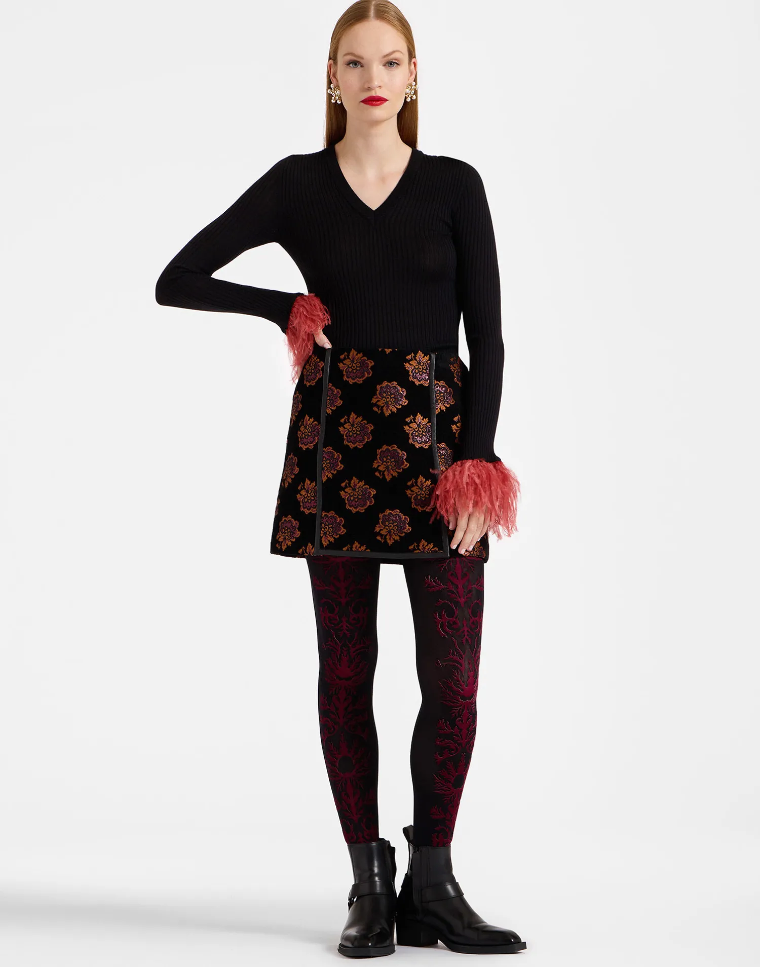 La DoubleJ Piccoli Accessori|Accessories<Flocked TightsBlack & Red in Flocked Nylon