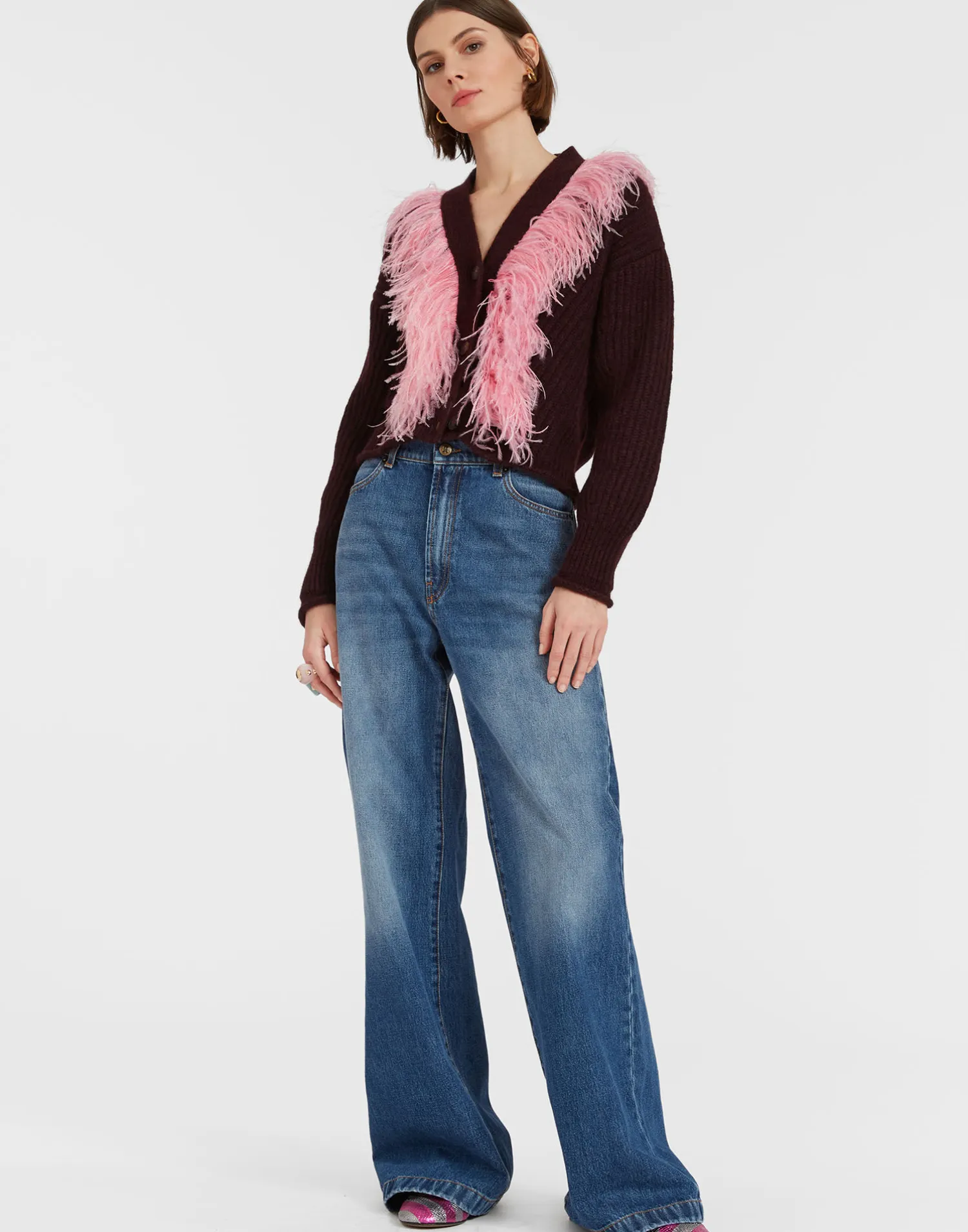 La DoubleJ Maglieria<High Kick CardiganBordeaux in Wool With Feathers