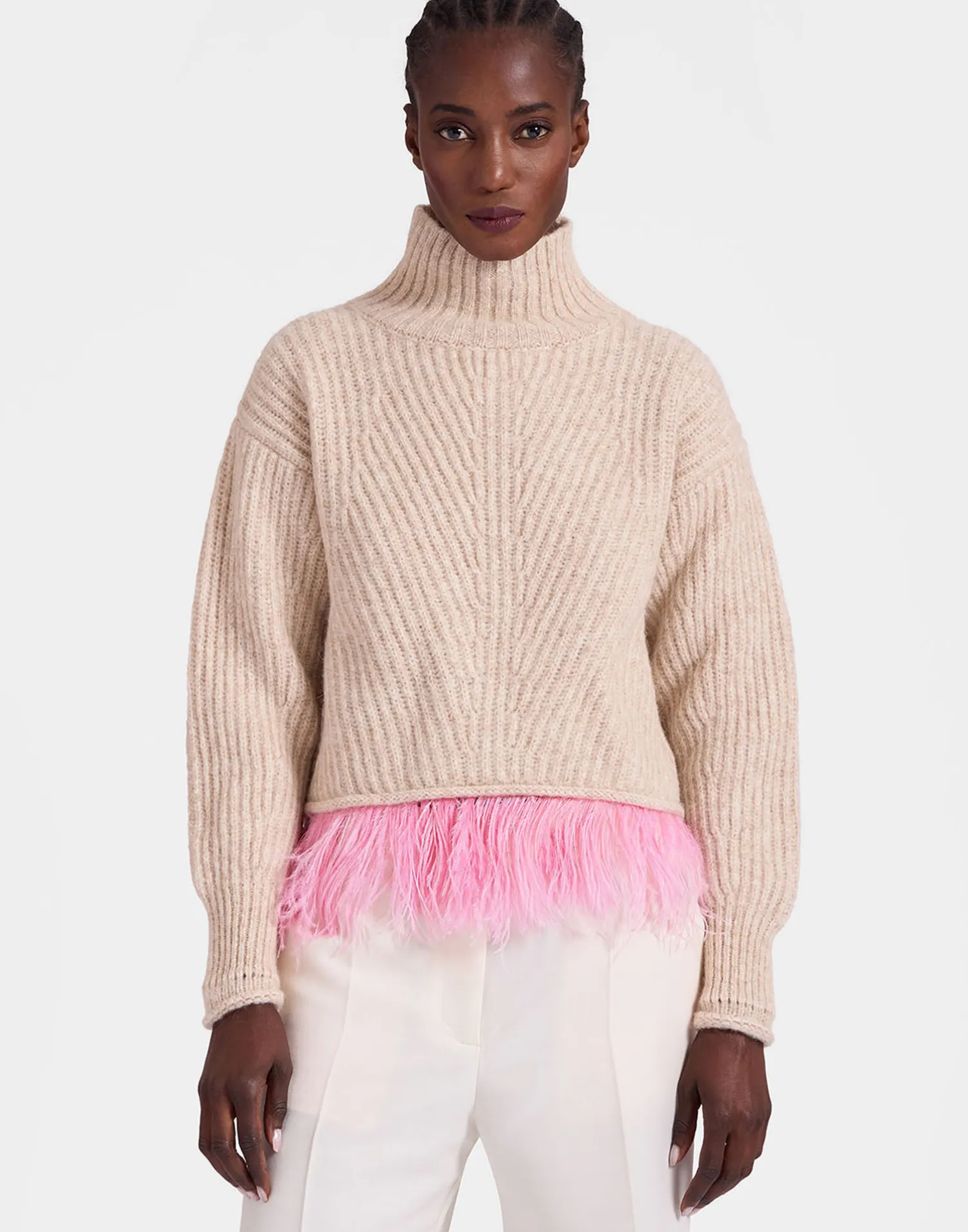 La DoubleJ Maglieria<High Kick SweaterIvory in Wool With Feathers