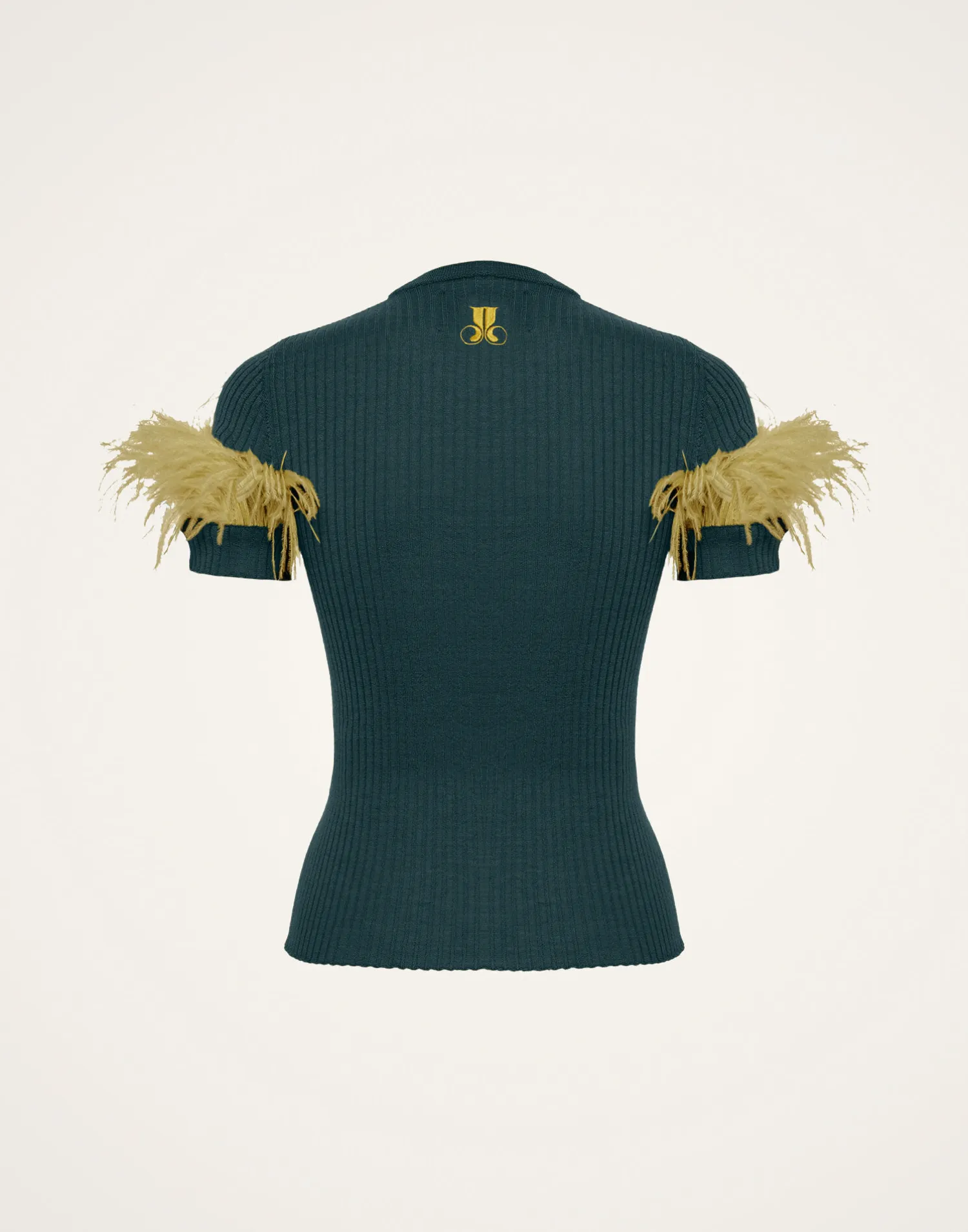 La DoubleJ Maglieria<High Kick TeeGreen in Ribbed Silk Cashmere With Feathers