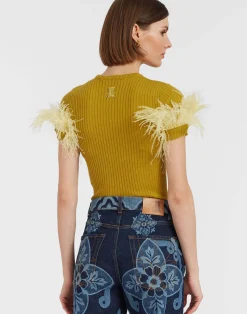 La DoubleJ Maglieria<High Kick TeeLime in Ribbed Silk Cashmere With Feathers