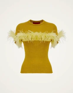 La DoubleJ Maglieria<High Kick TeeLime in Ribbed Silk Cashmere With Feathers