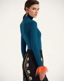 La DoubleJ Maglieria<High Kick TopBlue in Ribbed Silk Cashmere With Feathers