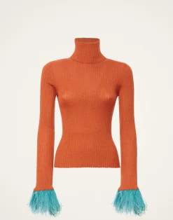 La DoubleJ Maglieria<High Kick TopOrange in Ribbed Silk Cashmere With Feathers
