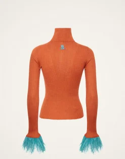 La DoubleJ Maglieria<High Kick TopOrange in Ribbed Silk Cashmere With Feathers