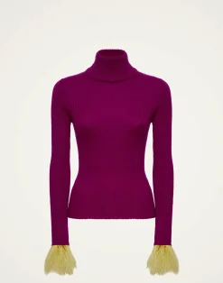 La DoubleJ Maglieria<High Kick TopPurple in Ribbed Silk Cashmere With Feathers