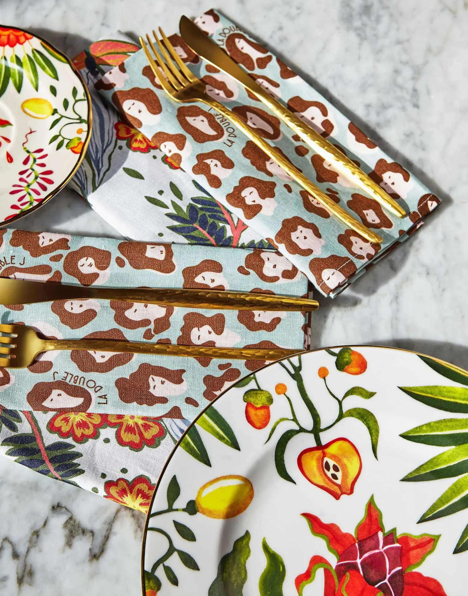 La DoubleJ Tovaglioli|Tessili<Large Napkins Set Of 2Lady Leopard Acqua in Linen