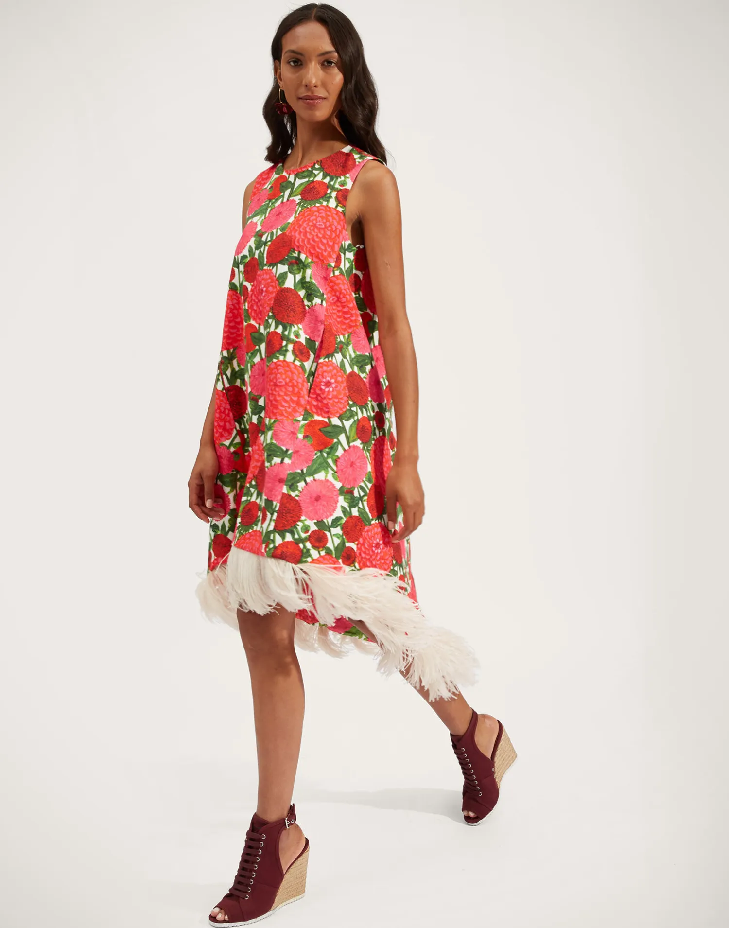 La DoubleJ Vestiti<La Scala High Dress (With Feathers)Pink Dahlias in Shot Cotton