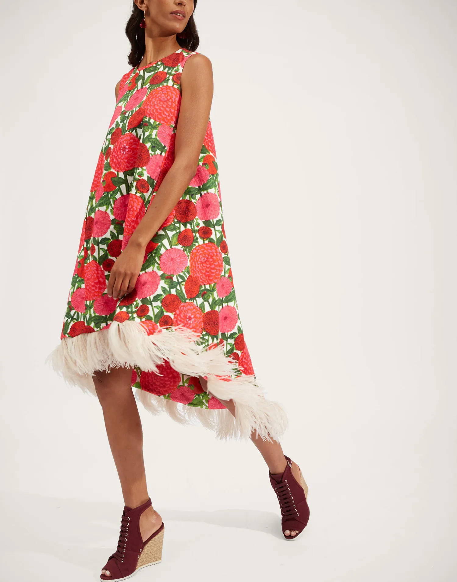 La DoubleJ Vestiti<La Scala High Dress (With Feathers)Pink Dahlias in Shot Cotton
