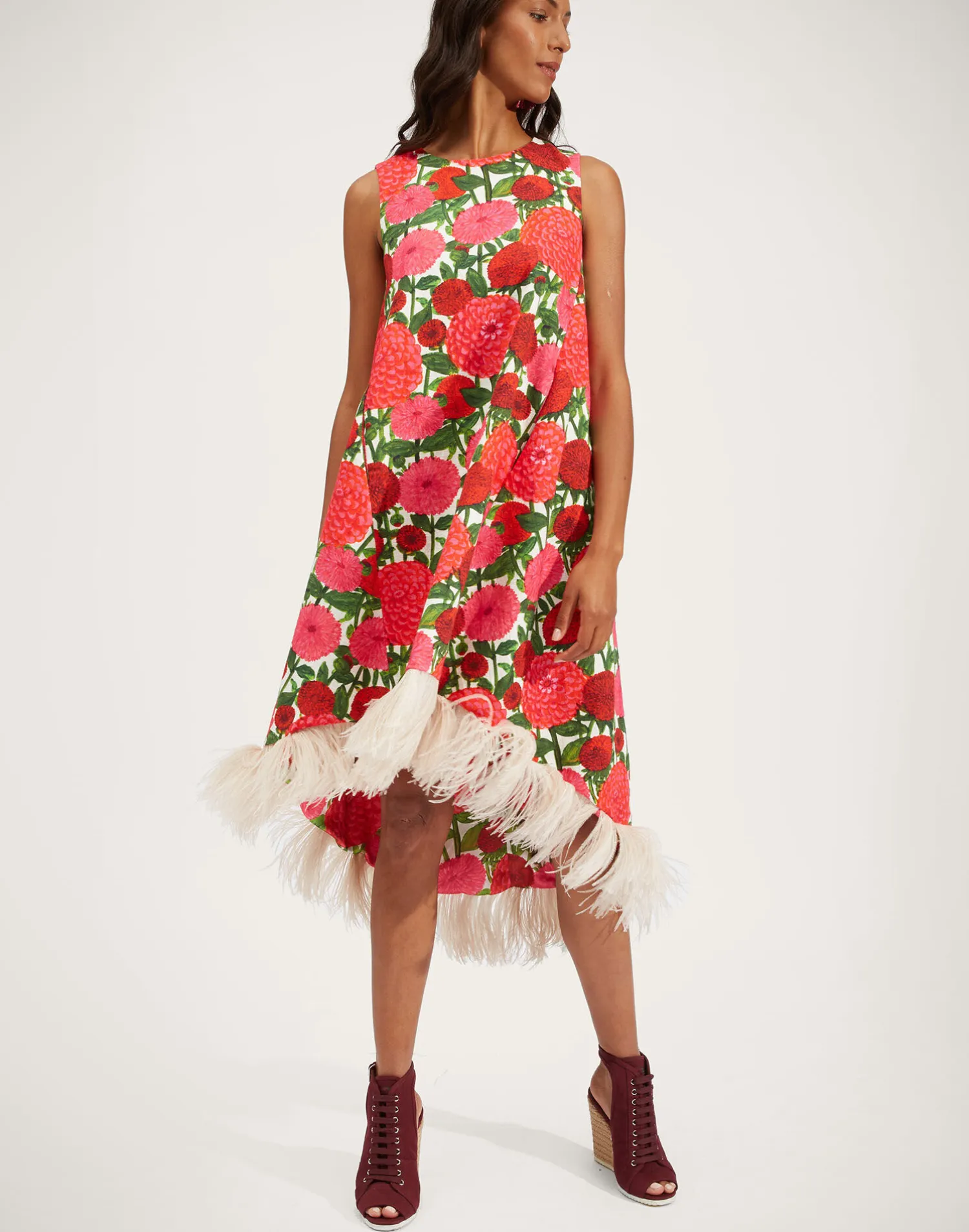 La DoubleJ Vestiti<La Scala High Dress (With Feathers)Pink Dahlias in Shot Cotton