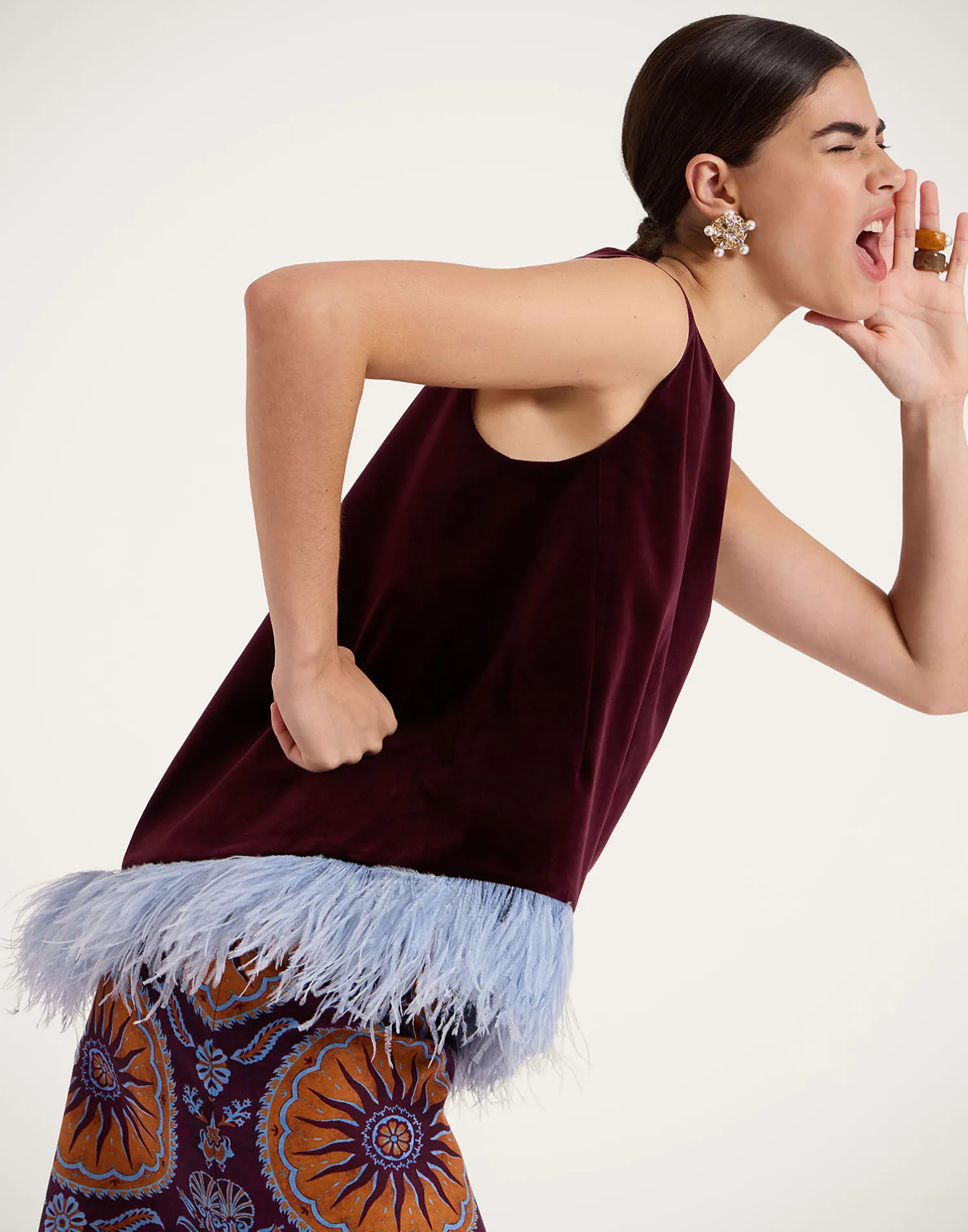 La DoubleJ Camicie E Top<La Scala TopSolid Burgandy in Cotton Velvet With Feathers
