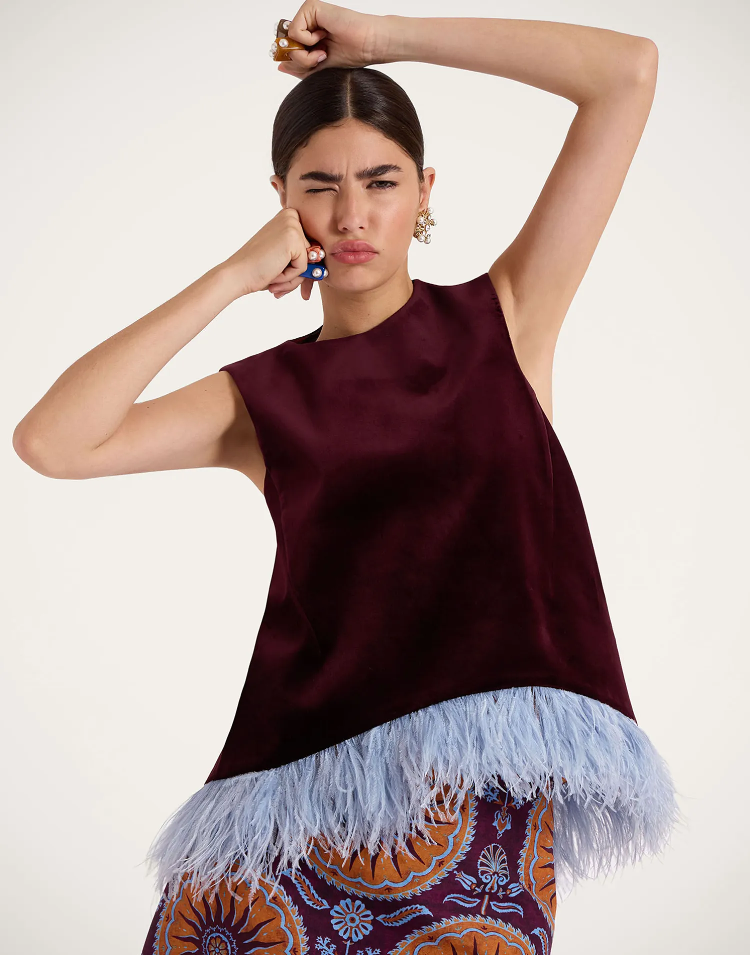 La DoubleJ Camicie E Top<La Scala TopSolid Burgandy in Cotton Velvet With Feathers