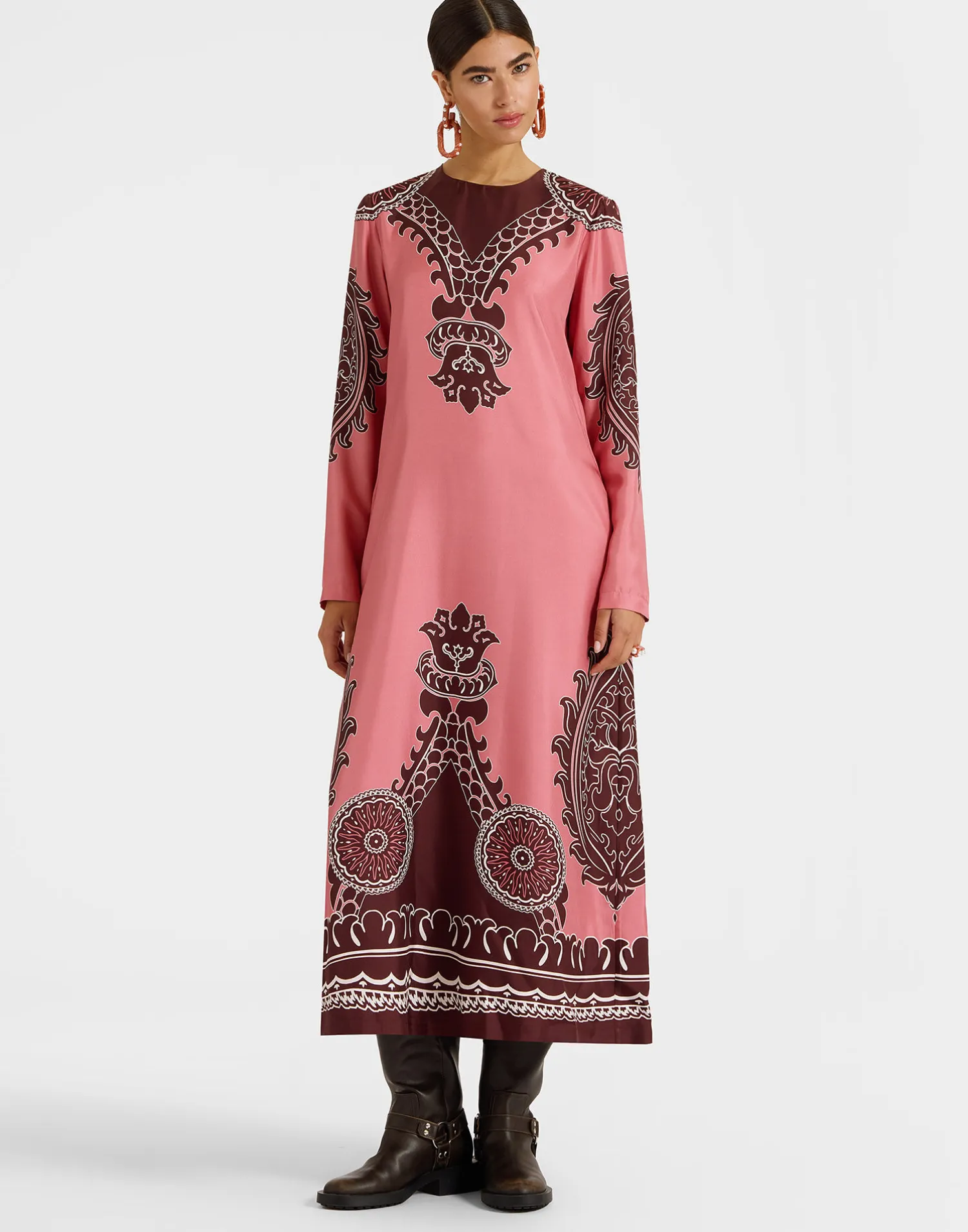 La DoubleJ Vestiti<Long Sleeve Swing DressOltrarno Placée Pink in Silk Twill