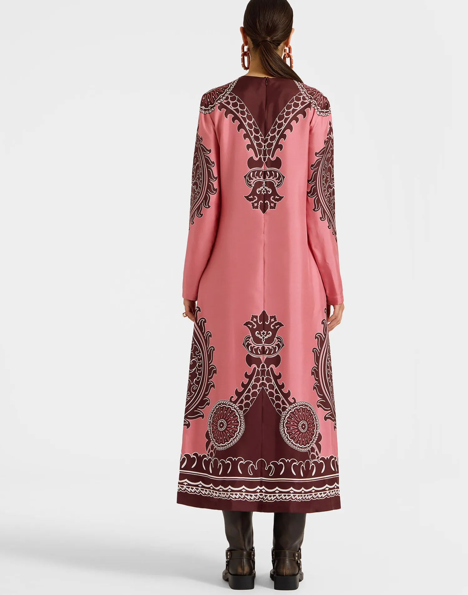La DoubleJ Vestiti<Long Sleeve Swing DressOltrarno Placée Pink in Silk Twill