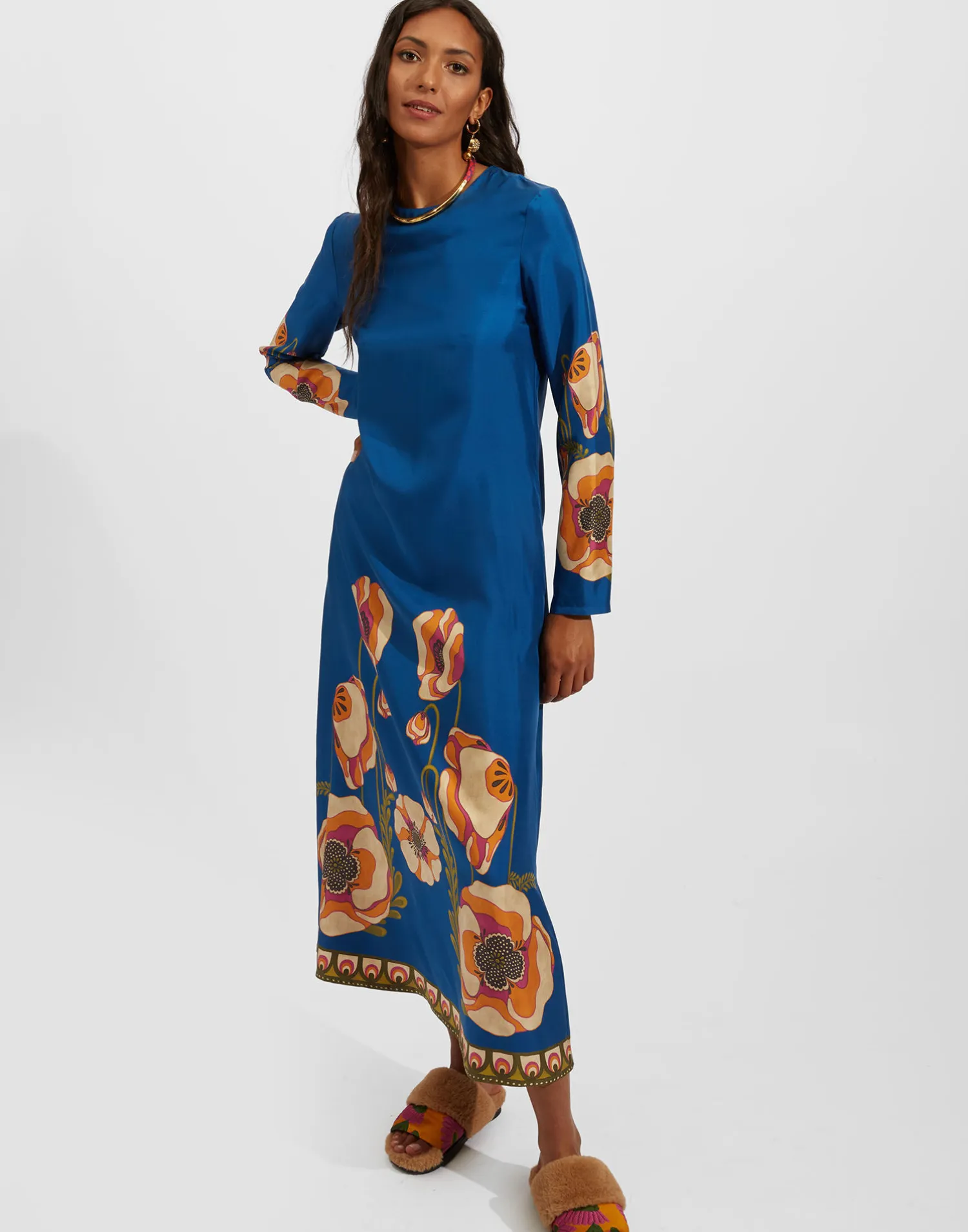 La DoubleJ Vestiti<Long Sleeve Swing DressPoppies Blue Placée in Twill Silk
