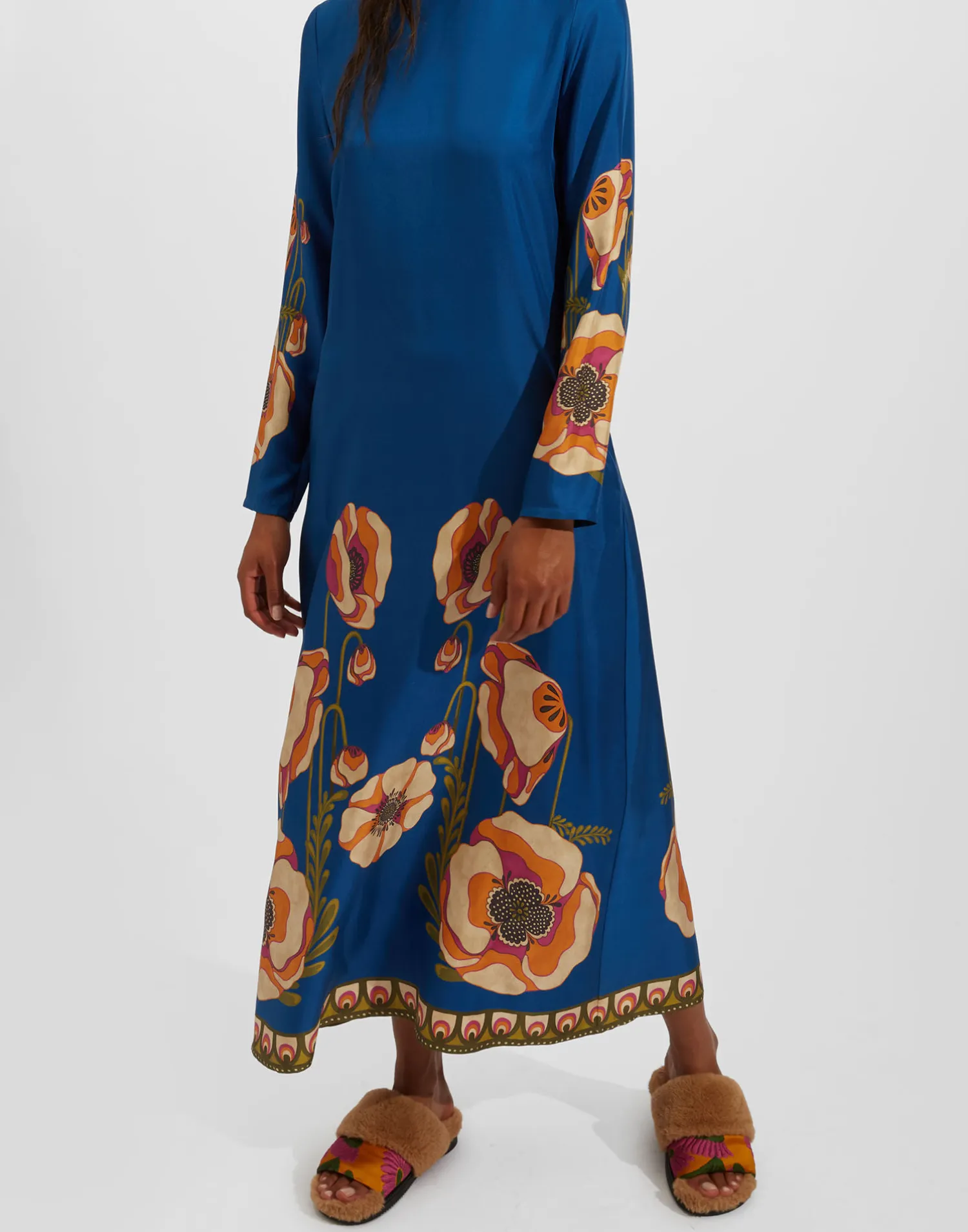 La DoubleJ Vestiti<Long Sleeve Swing DressPoppies Blue Placée in Twill Silk