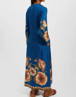 La DoubleJ Vestiti<Long Sleeve Swing DressPoppies Blue Placée in Twill Silk