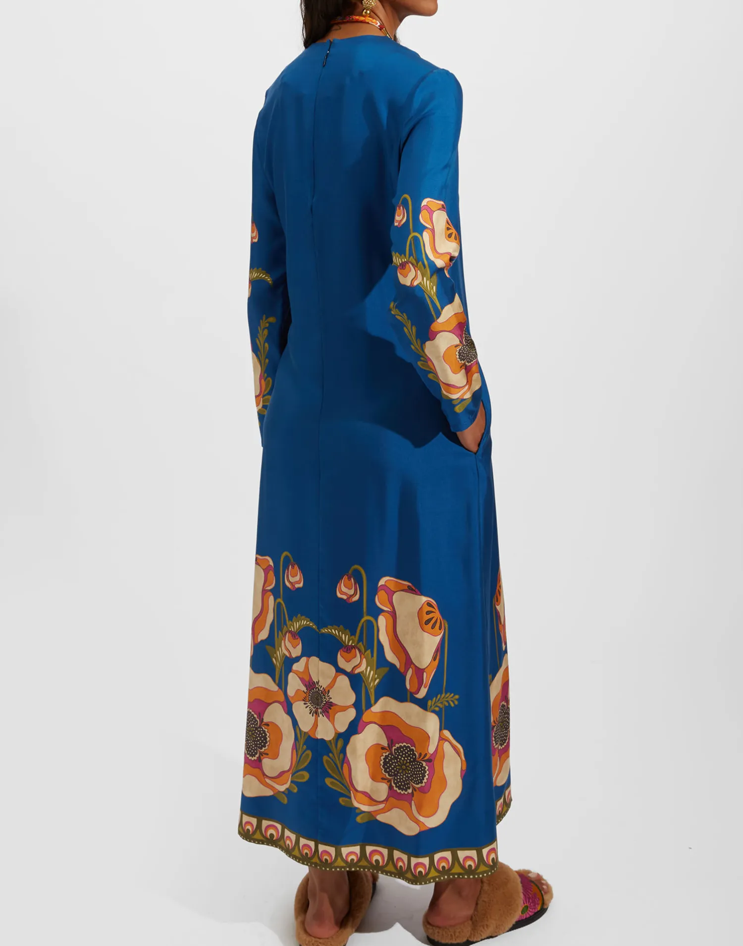La DoubleJ Vestiti<Long Sleeve Swing DressPoppies Blue Placée in Twill Silk