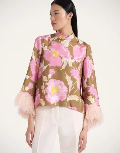 La DoubleJ Camicie E Top<Make An Exit TopSylph Khaki in Silk Twill With Feathers