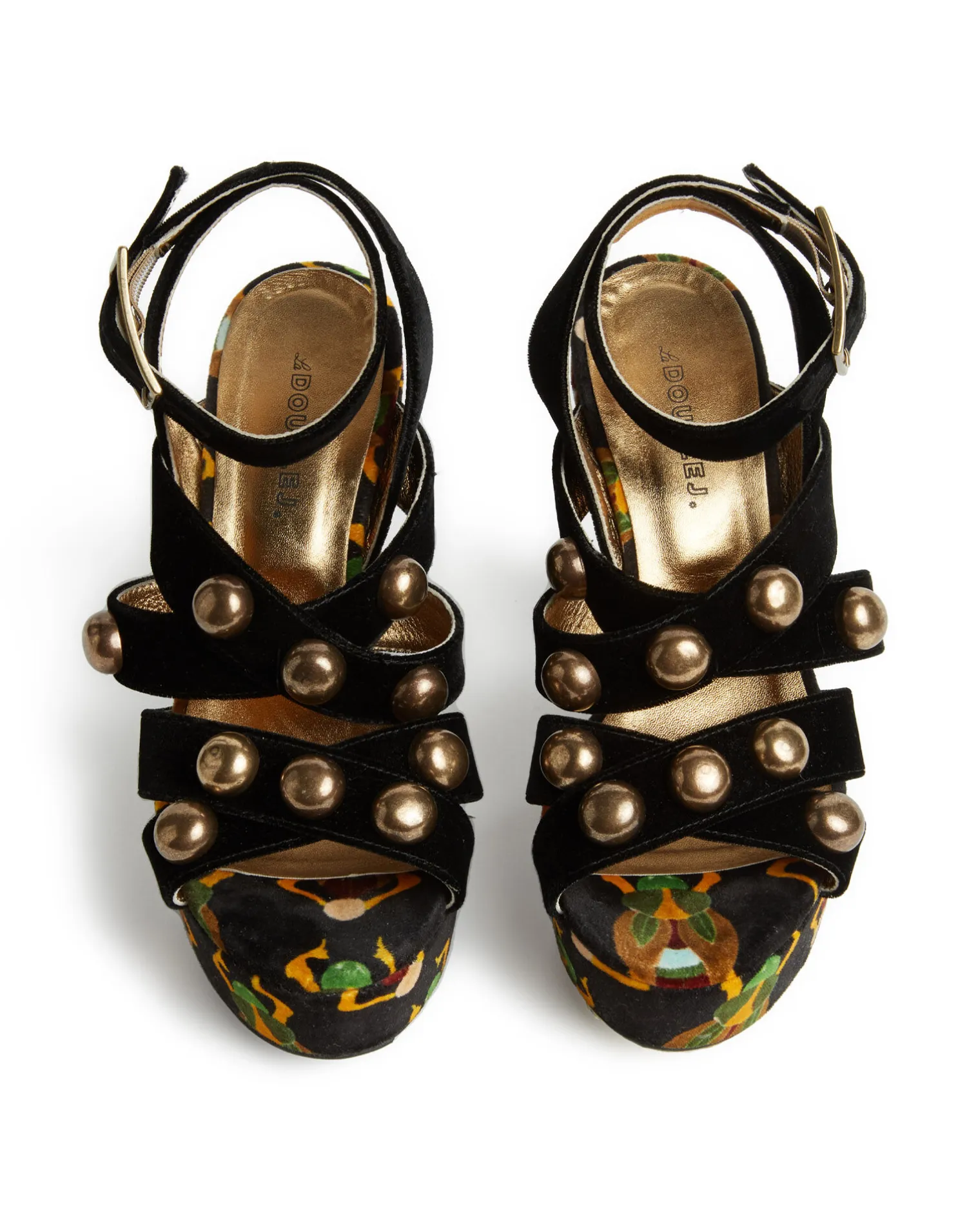 La DoubleJ Scarpe|Accessories<Medal WedgeScarab Black in Faille With Studs