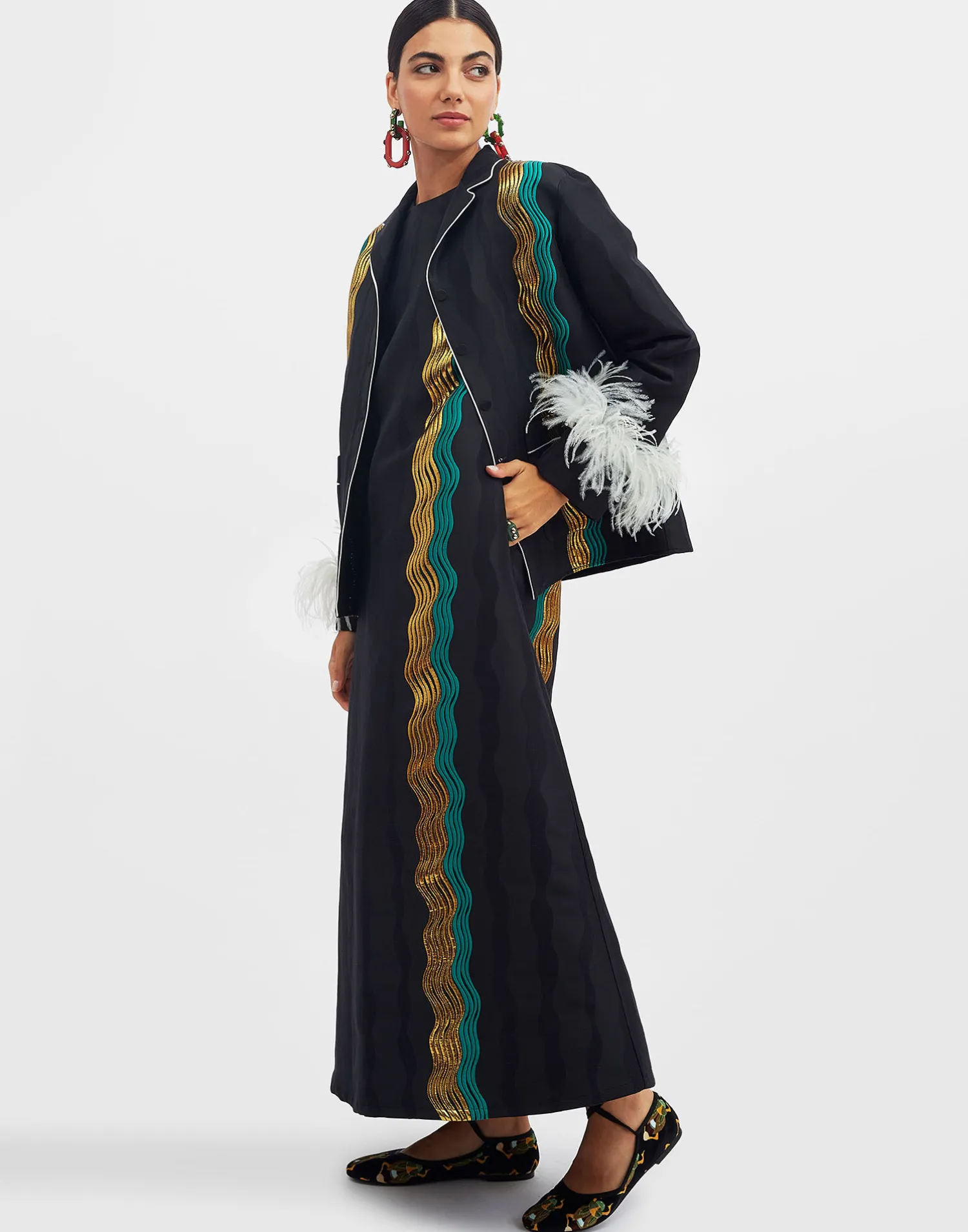 La DoubleJ Capispalla<Nile JacketThe Nile Black in Jacquard With Feathers