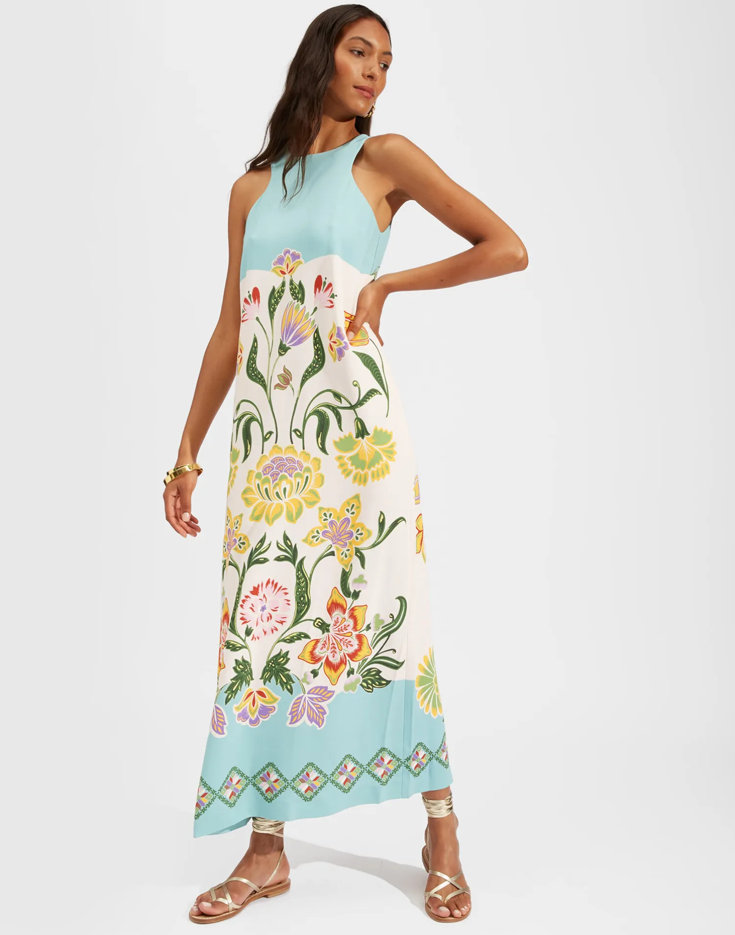 La DoubleJ Vestiti<Racer DressFolk Flowers Azzurro Placée in Viscose Jersey