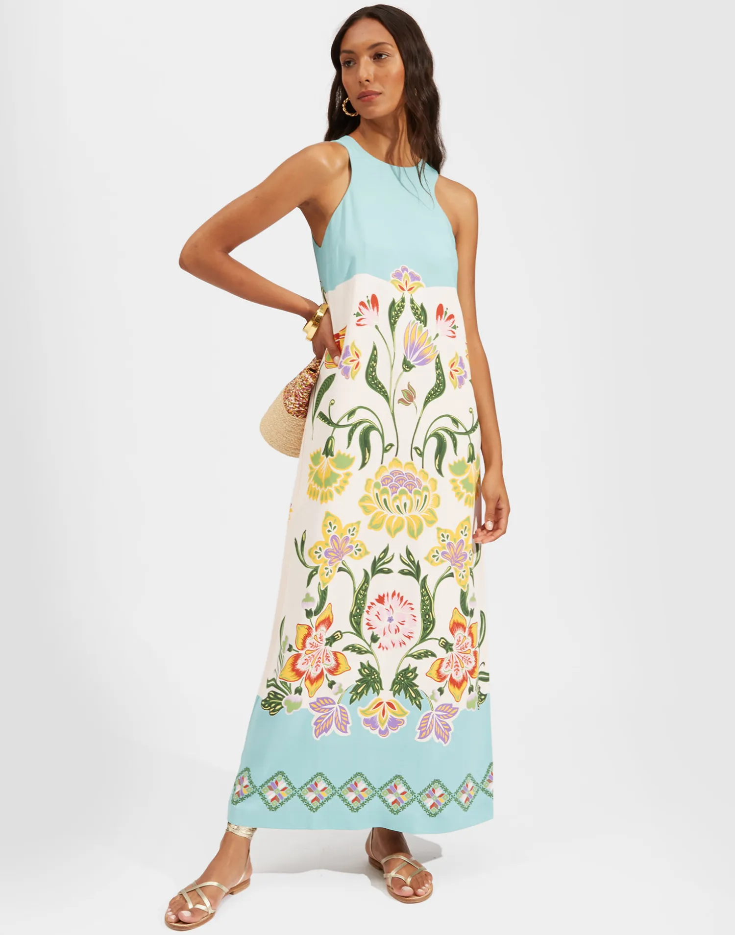 La DoubleJ Vestiti<Racer DressFolk Flowers Azzurro Placée in Viscose Jersey