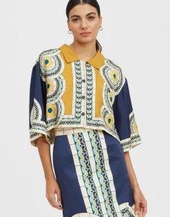 La DoubleJ Camicie E Top<Short ShirtMudejar Plac&eacute;e Blue in Silk Twill