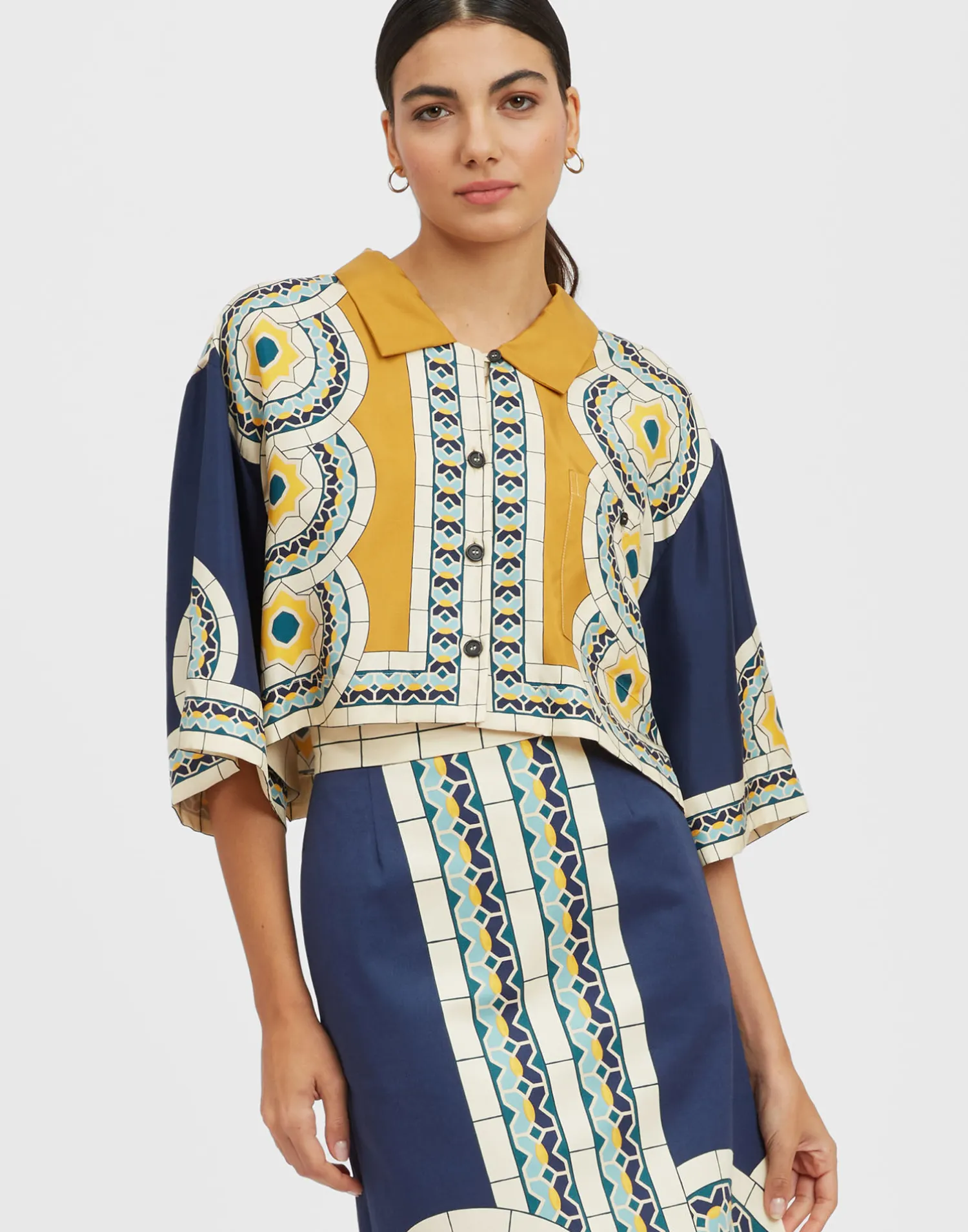 La DoubleJ Camicie E Top<Short ShirtMudejar Placée Blue in Silk Twill