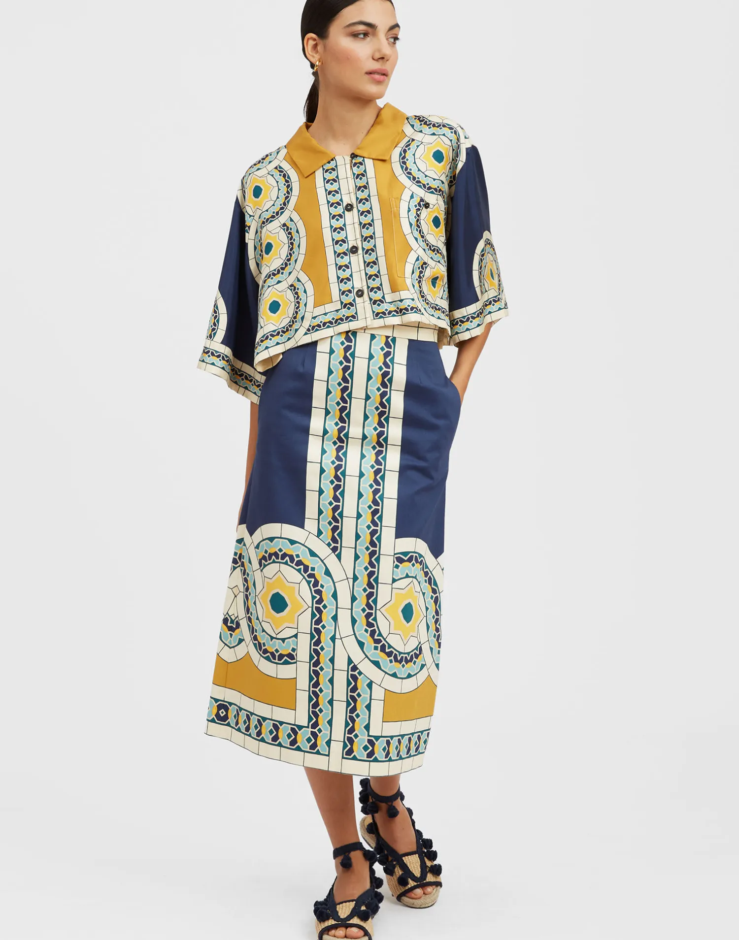 La DoubleJ Camicie E Top<Short ShirtMudejar Placée Blue in Silk Twill
