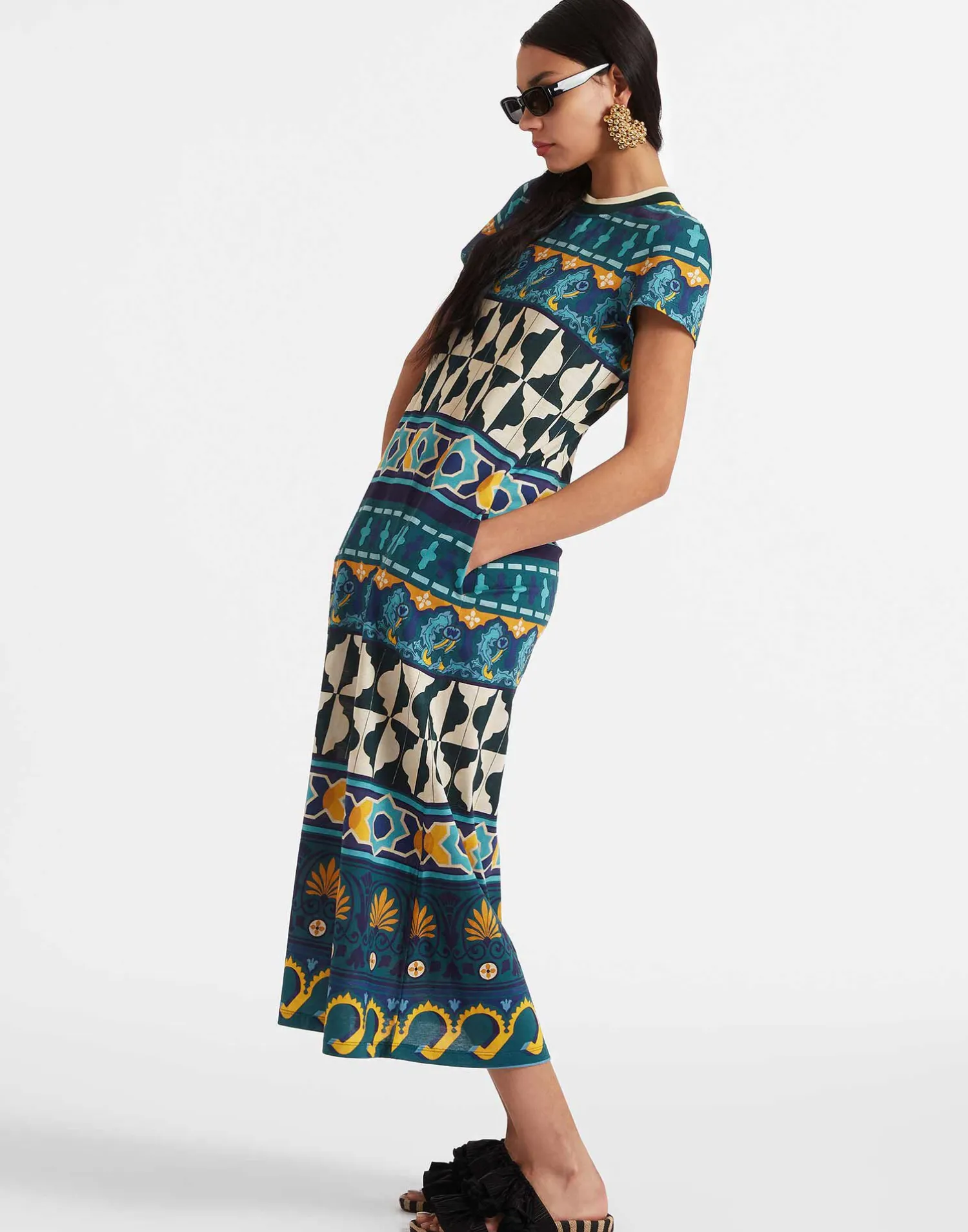 La DoubleJ Vestiti<Sporty Swing DressCasareale Barré Placèe Emerald in Cotton Jersey