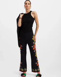 La DoubleJ Pantaloni E Shorts<Stretch PantsFolk Flowers Nero Placée in Viscose Jersey