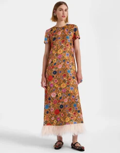 La DoubleJ Party Dressing<Swing DressBotticelli Rust in Silk Twill With Feathers