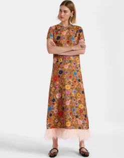 La DoubleJ Vestiti<Swing DressBotticelli Rust in Silk Twill With Feathers