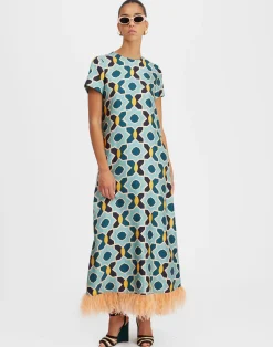 La DoubleJ Vestiti<Swing DressPlaza Light Blue in Silk Twill With Feathers