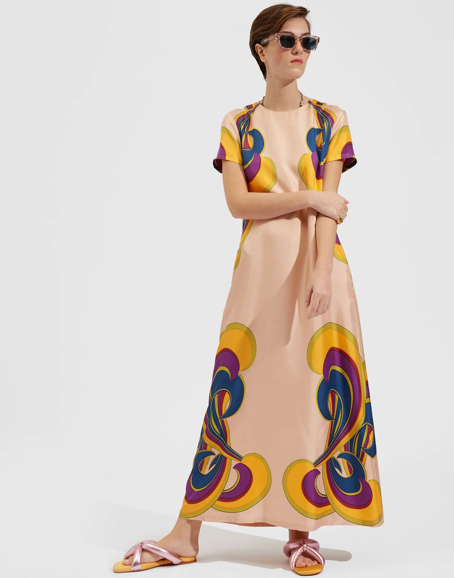 La DoubleJ Vestiti<Swing DressRainbow Swirl Rosa Placée in Twill Silk