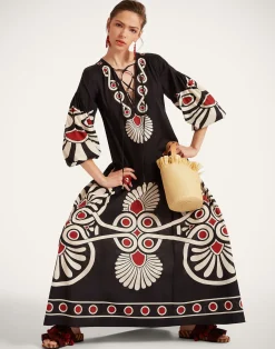 La DoubleJ Vestiti<Viviana DressMedallion Placée Black in Cotton Voile