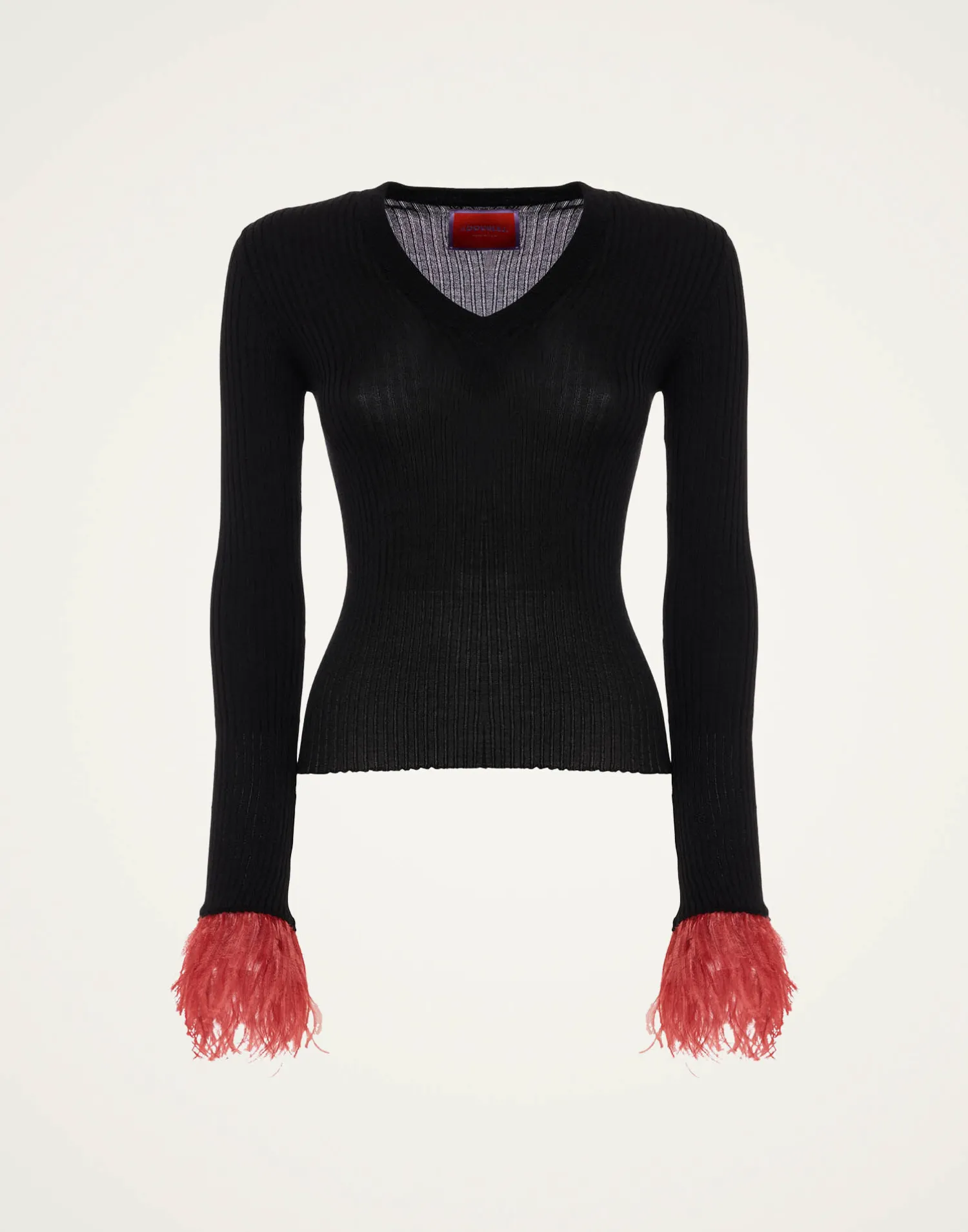 La DoubleJ Maglieria<V-Neck High Kick TopSolid Black in Ribbed Silk Cashmere With Feathers