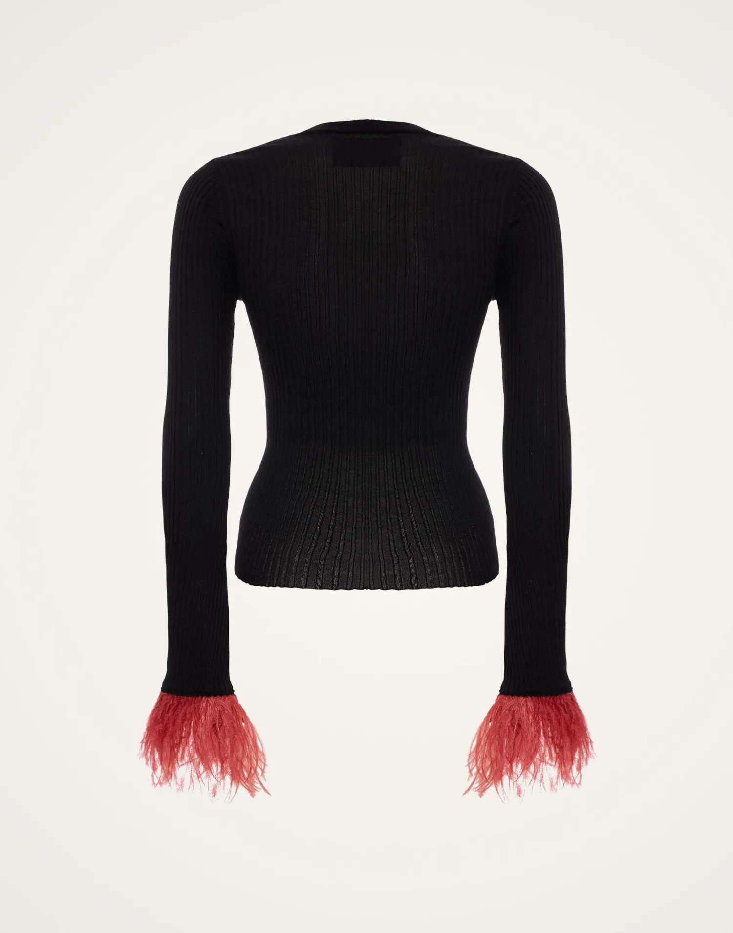La DoubleJ Maglieria<V-Neck High Kick TopSolid Black in Ribbed Silk Cashmere With Feathers